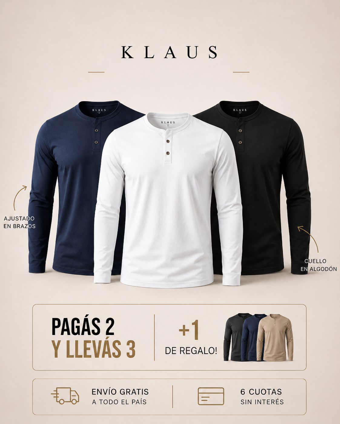 Henley Klaus- Ajustada en brazos, Suelta en Abdomen